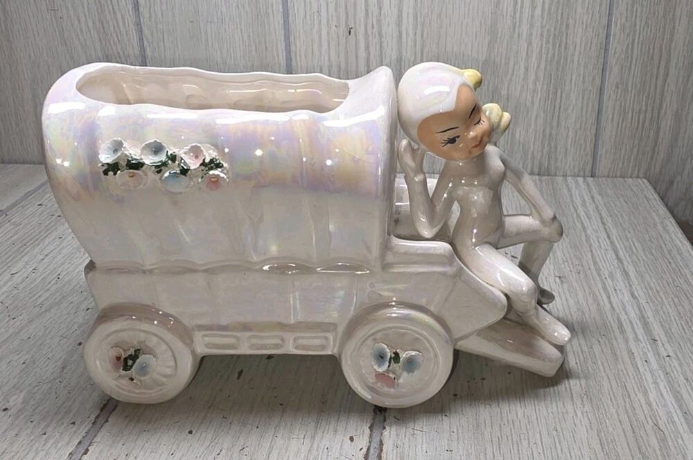 Vtg Lefton Iridescent Luster Ware Pixie Elf Fairy Planter Vase Floral Wagon MCM